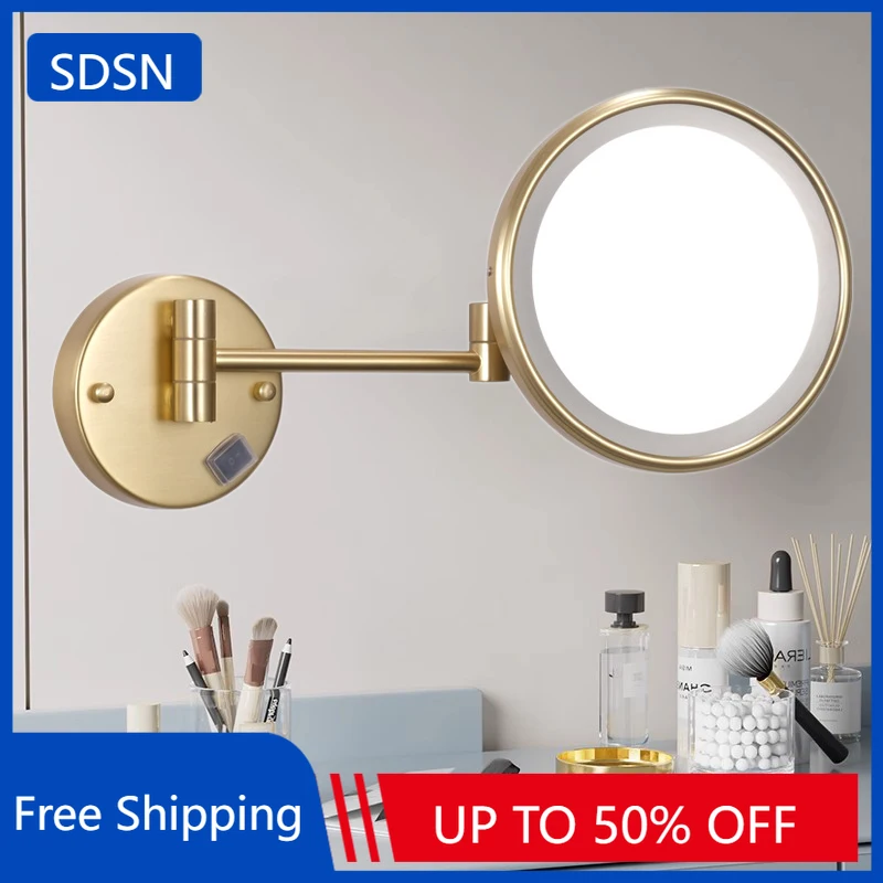 Gebürstetes Gold, zusammenklappbarer LED-Badezimmerspiegel, Zubehör, Wandmontage, leichter Make-up-Spiegel, 20,3 cm, 5-fache Vergrößerung, LED-Badezimmerspiegel