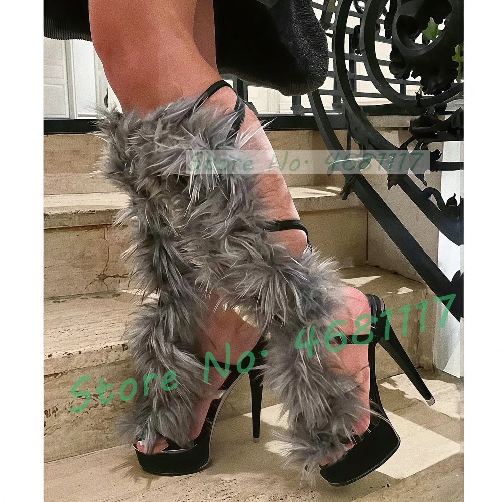 Grau Pelz Cross Strap Plattform Sandalen Sexy Frauen Stiletto High Heels Plus Größe Puttee Schuhe Party Nachtclub Riemchen Sandalen
