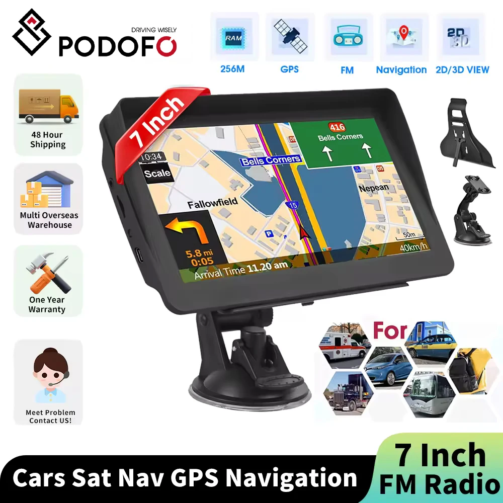 Podofo Auto-GPS-Navigation 7 Zoll Touchscreen GPS-Navigator LKW Sonnenschutz Sat-Nav 256MB Europa-Karte GPS-Navigatoren mit FM-Unterstützung