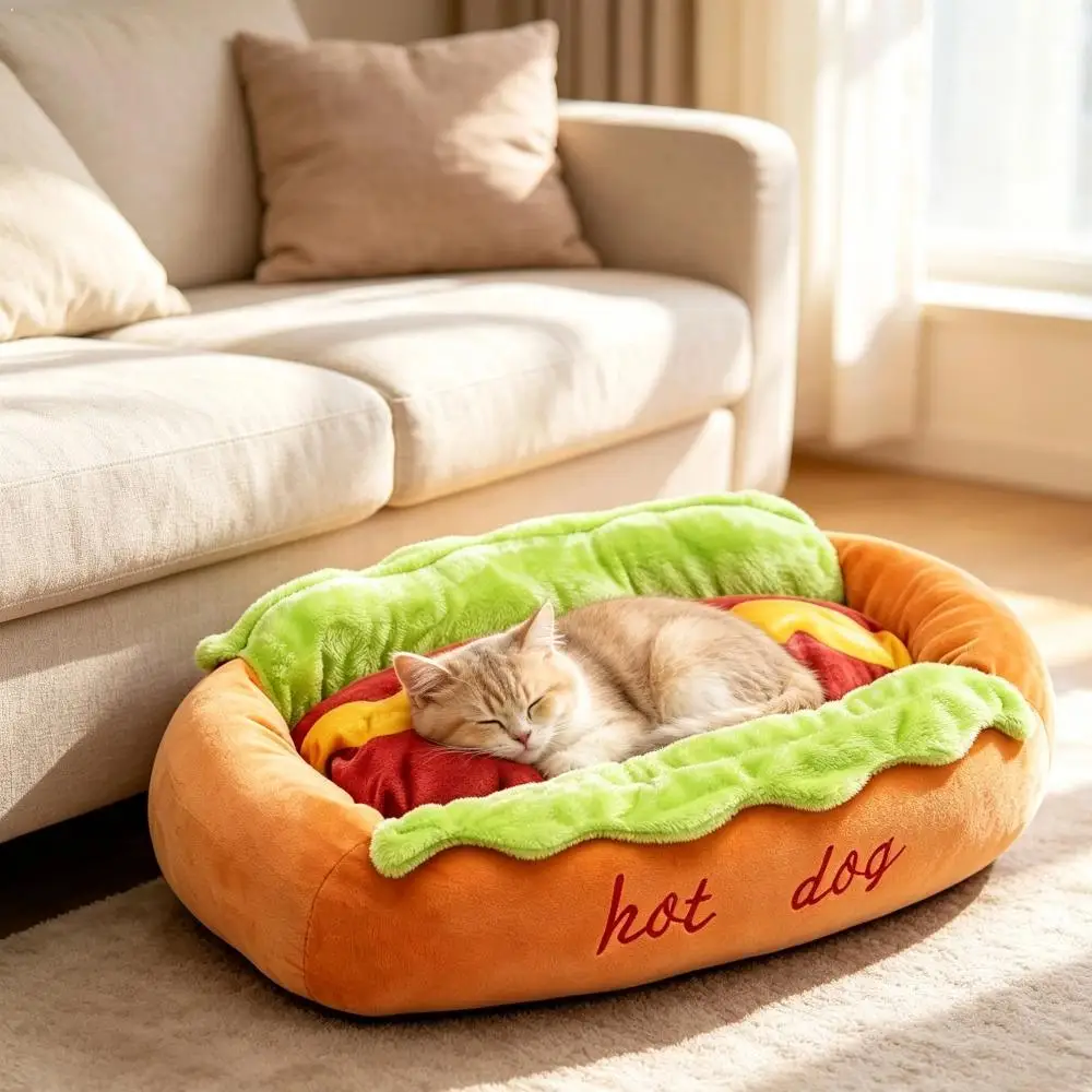 Niedliches Hot-Dog-förmiges Haustierbett, warmes Nestbett für alle Jahreszeiten, Schlafkissen für kleine Hunde und Katzen, Welpen- und Kätzchen-Sofabett für den Innenbereich.