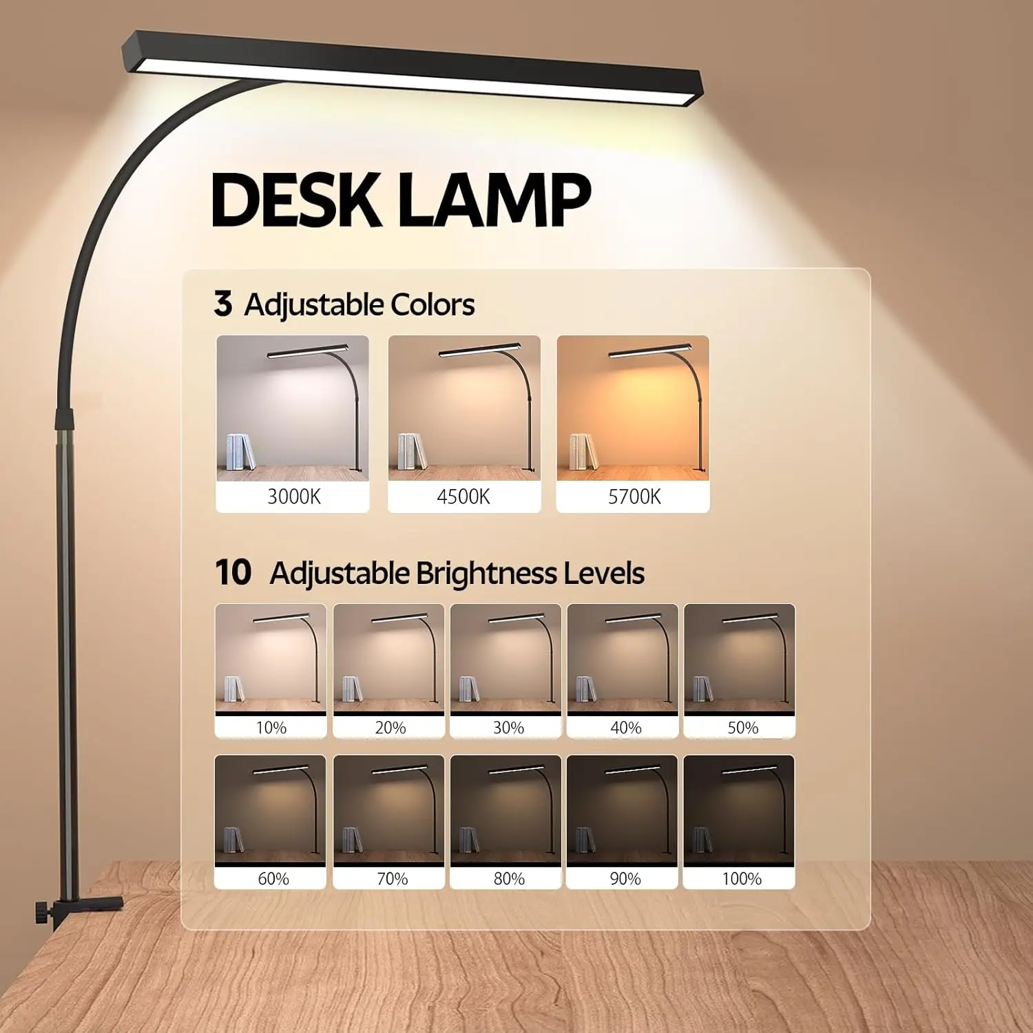 LED-Schreibtischlampe für Büro und Zuhause Augenschonende Schreibtischleuchte mit Stufenloser Dimmung Verstellbarer Flexibler Schwanenhals USB-Schreibtischlampe mit Klemme