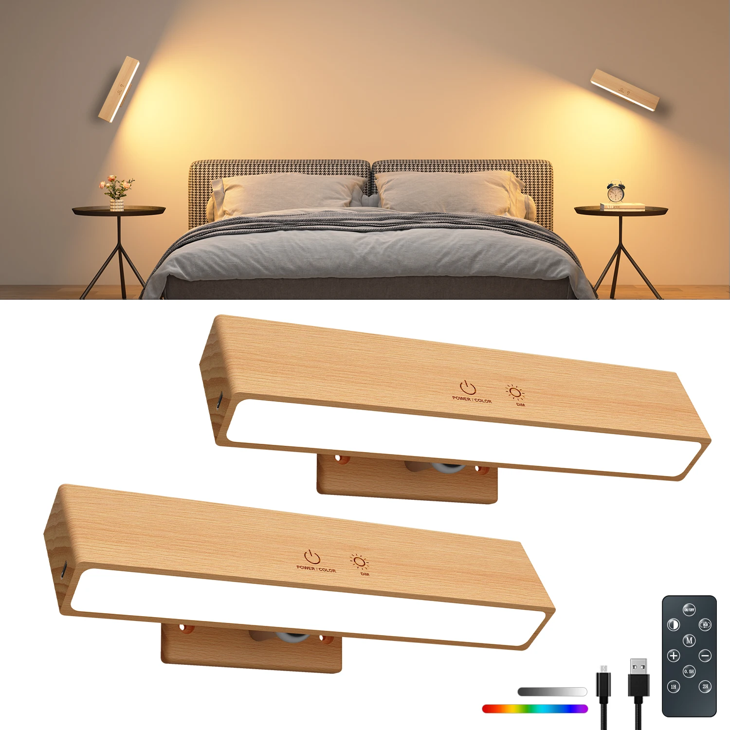 Batteriebetriebene RGBCW Wandleuchter aus massivem Naturholz, wiederaufladbar, zum Aufkleben, Touch-LED-Leselampe, Fernbedienung, Nachttischlampe