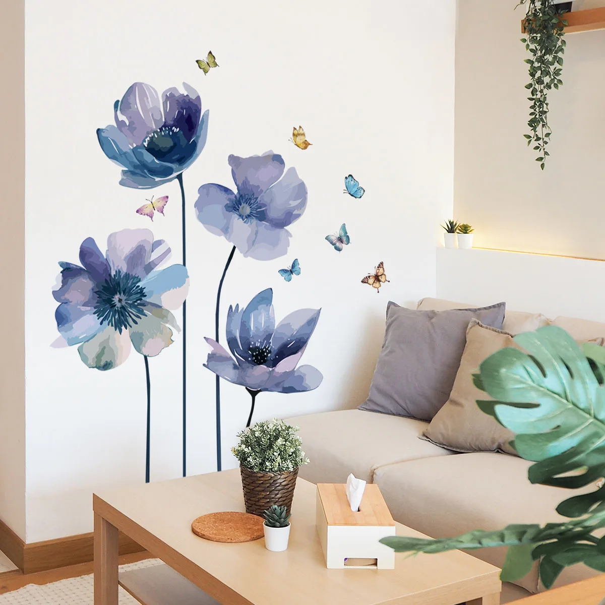 Kreative Romantische Violette Blumen-Schmetterling Wanddekoration Aufkleber für Schlafzimmer Warme und Gemütliche Hintergrundwand Selbstklebende Wandtattoos