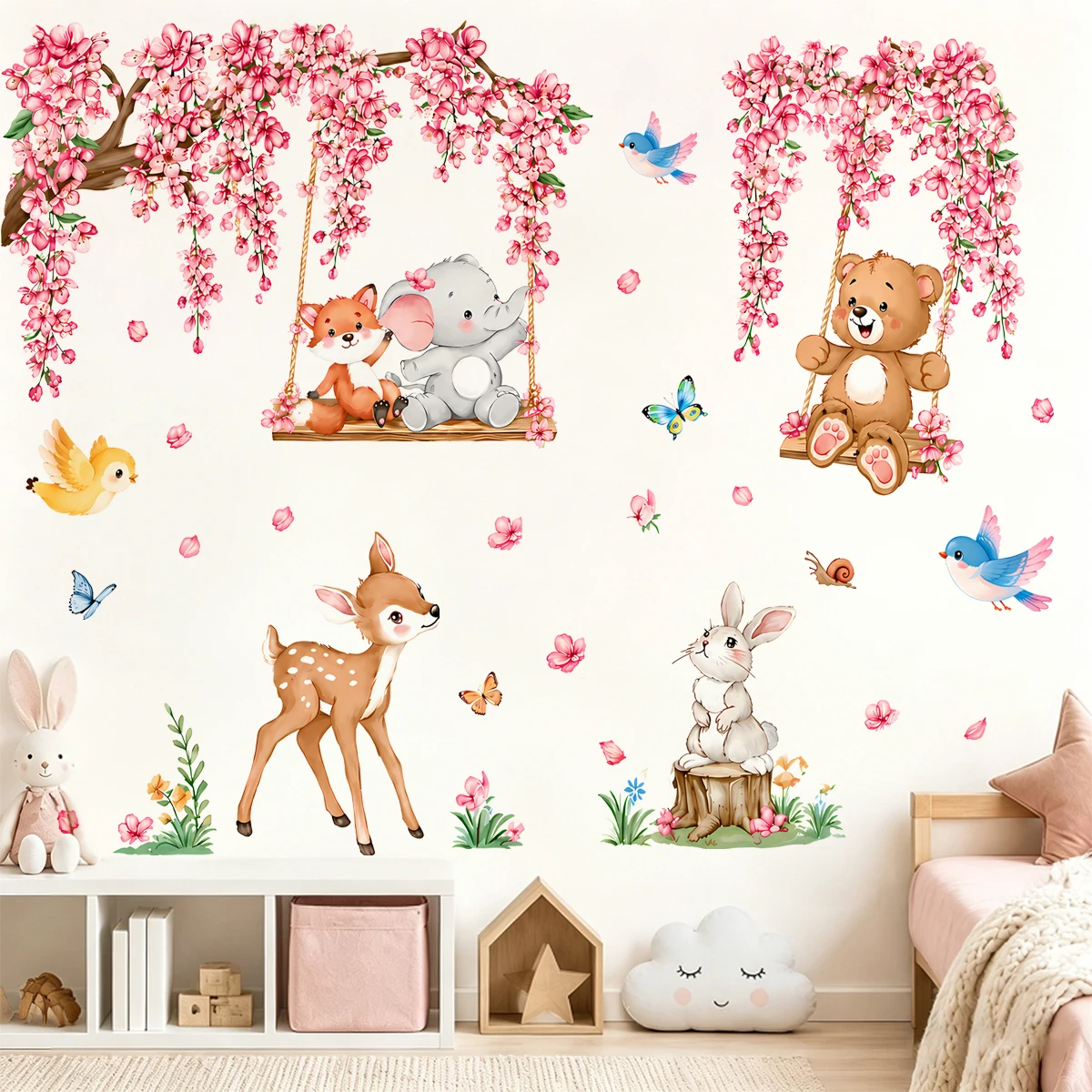 Waldtier-Wandaufkleber für Kinderzimmer Niedliche Reh-, Hasen-, Bären-, Elefanten- und Rosa Blüten-Wandsticker Babyzimmer-Dekoration