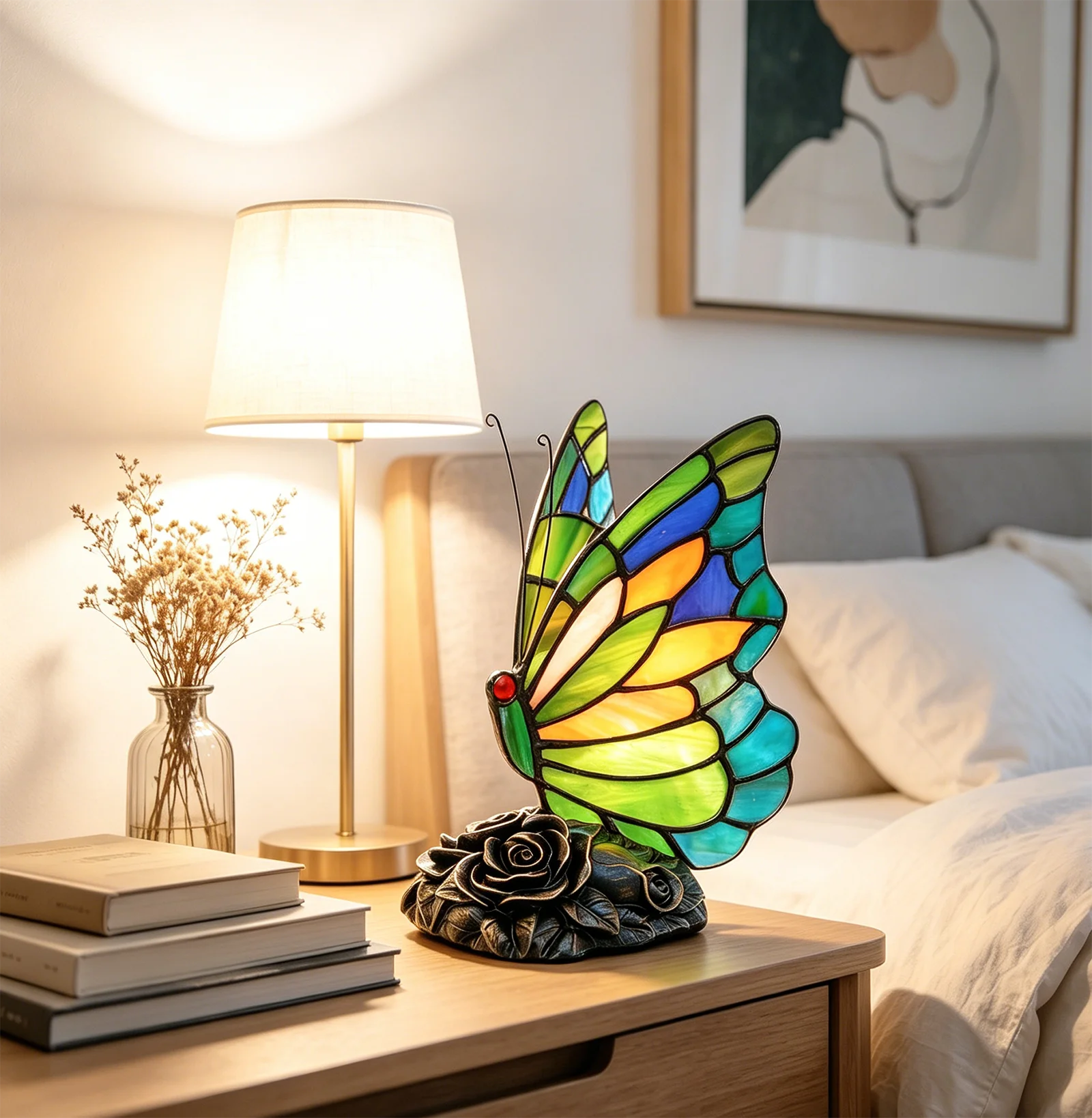 Bunte Schmetterling Tiffany Tischlampe Nachttischlampe Kleine Tischlampe Buntglas Schreibtischlampe für Schlafzimmer, Kinderzimmer