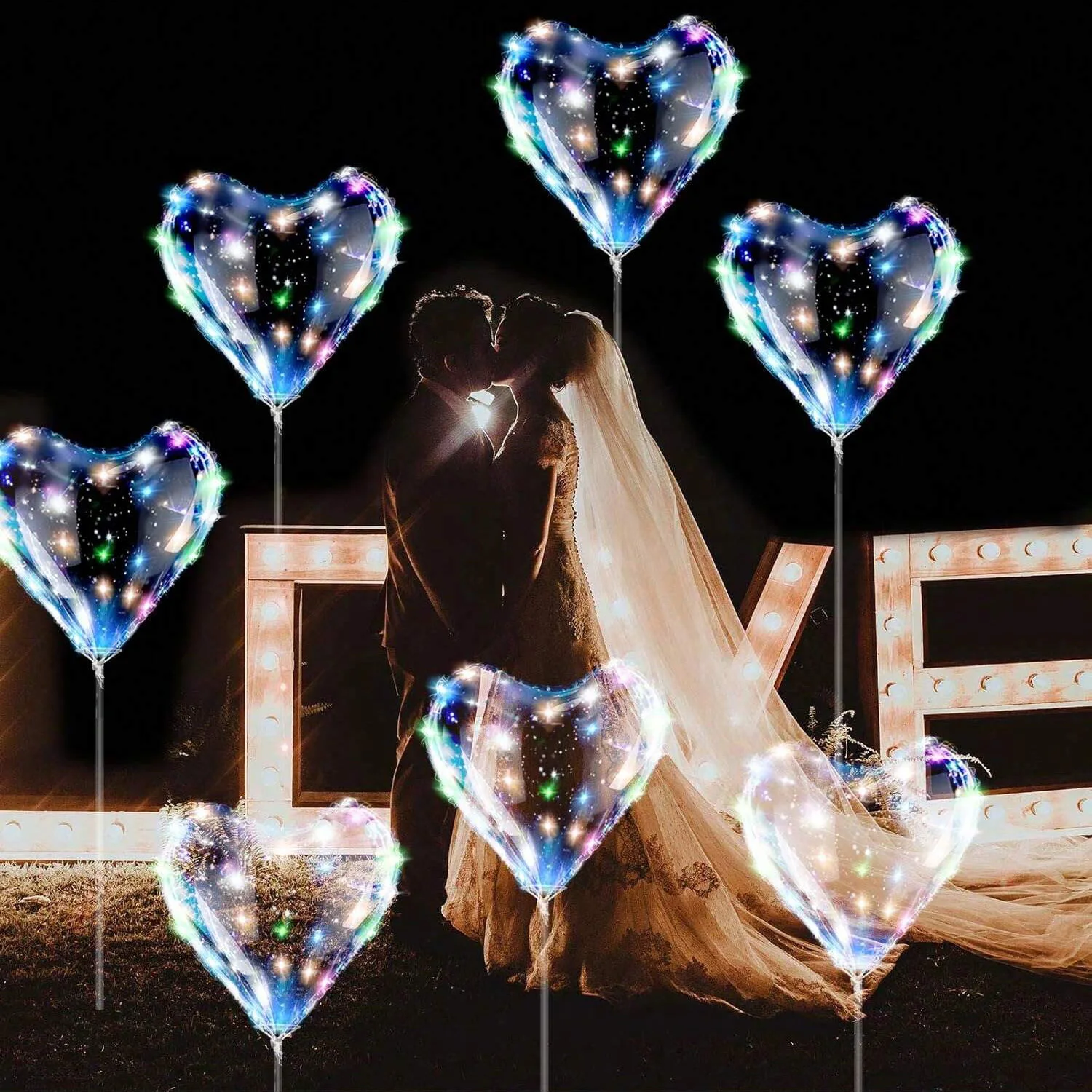 7 LED-Leuchtkugeln in Herzform, transparent, mit Wellenmuster (ohne internen Stromanschluss) für Hochzeiten, Geburtstagsfeiern, Muttertag