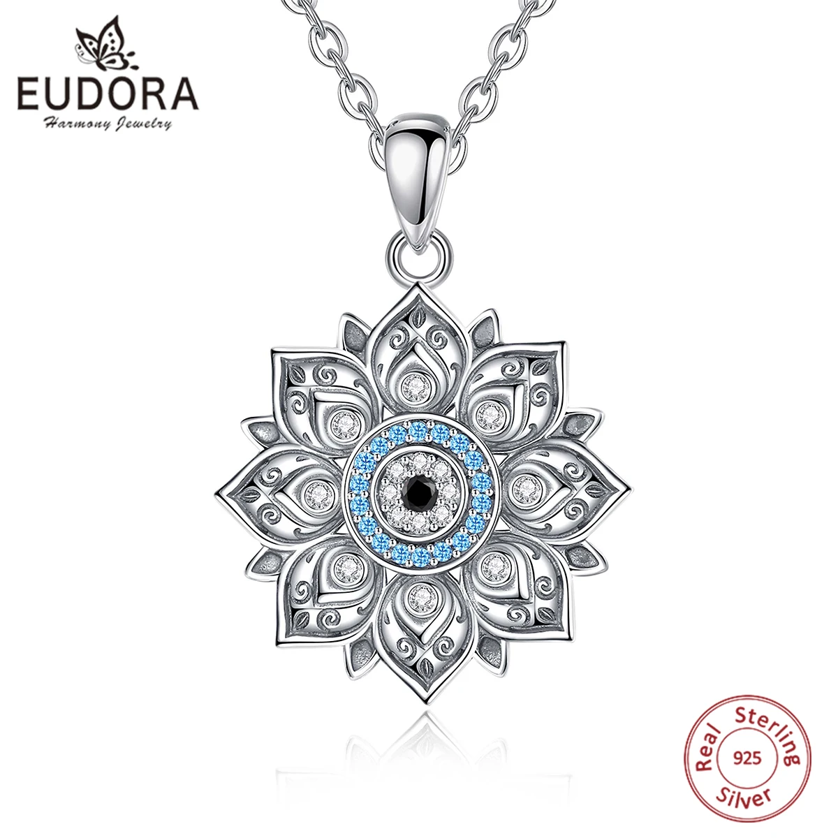 Eudora 925 Sterling Silber Lotus Bösen blick Halskette für Frauen Mann Vintage Bösen blick Lotus Blume Anhänger Persönlichkeit Schmuck Geschenk
