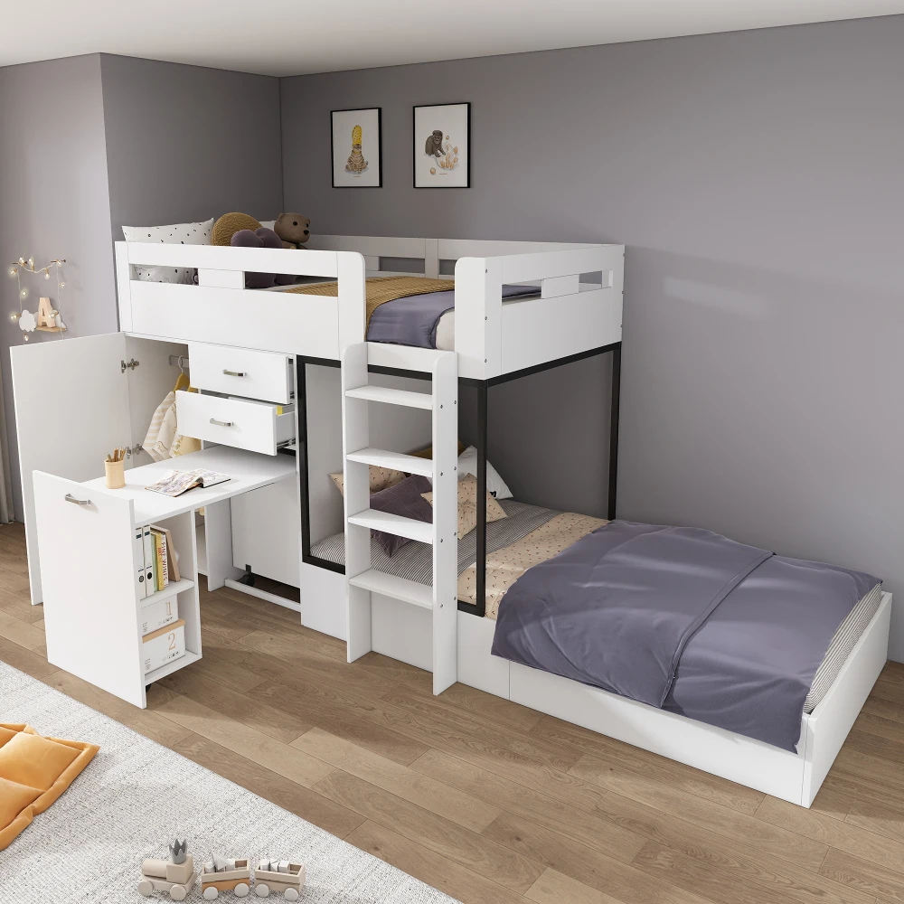 Weißes multifunktionales Kinder-Etagenbett 90 x 200 cm, Hochbett für Kinder mit ausziehbarem Schreibtisch, Kleiderschrank, Stauraum, Schubladen, Regalen, Kletterleiter, Schlafzimmermöbel, Matratze nicht inbegriffen, für Teenager, Kinderzimmer,...