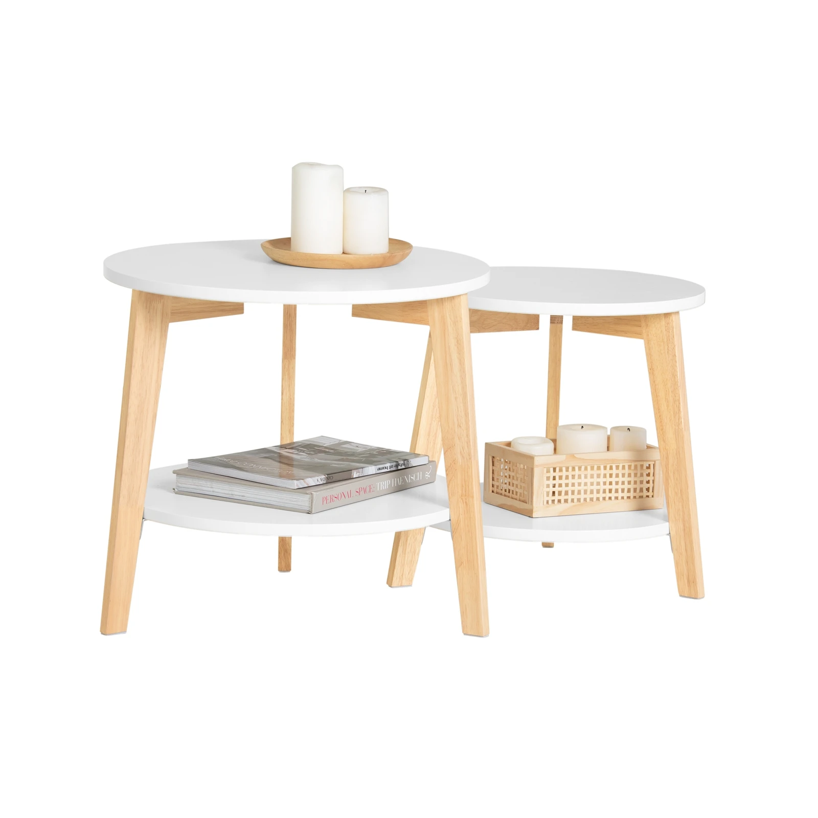 SoBuy FBT75-W 2er Set Beistelltisch mit runden Ablagen Satztisch Couchtisch Sofatisch Kaffeetisch Wohnzimmertisch Weiß/Natur