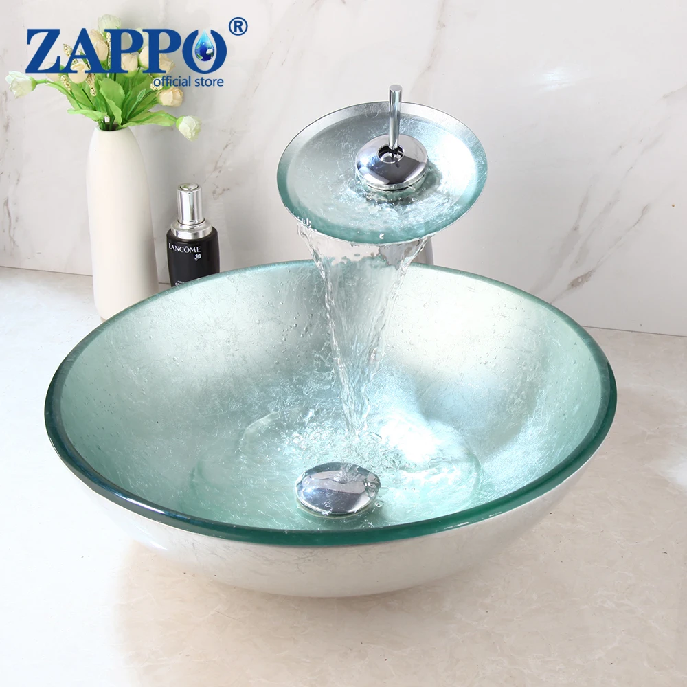 Zappo Badezimmer runde Minze green tempered Glas Waschbecken ovale Waschbecken Wasserhähne Combo WC Waschbecken Set Pop-up Waschbecken Abfluss