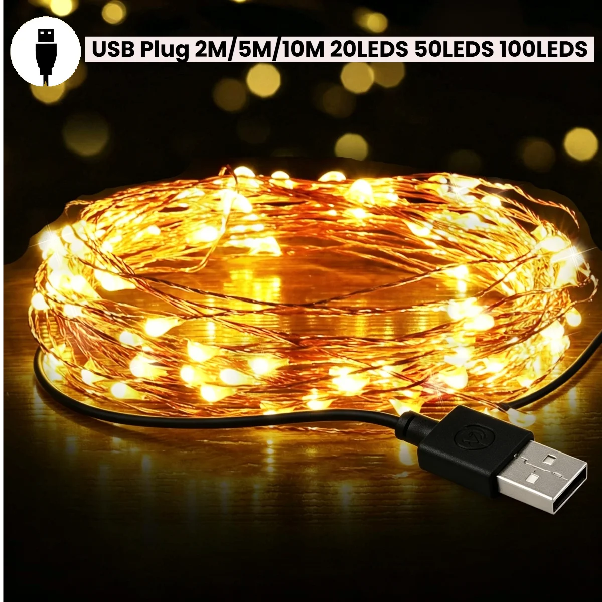 USB-LED-Lichterkette aus Kupfer-Silberdraht, wasserdichte LED-Lichterkette für Weihnachten, Hochzeit, Außendekoration