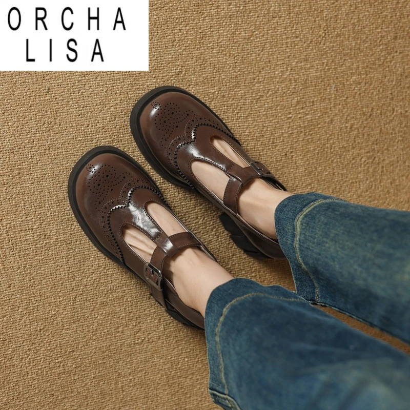 ORCHA LISA 2025 Niedliche T-Riemen-Pumps mit 4 cm Absatz für Damen, runde Zehen-Loafer, Gürtelschnalle, Übergröße 41 42 43, Freizeit- und Alltagsschuhe, Braun
