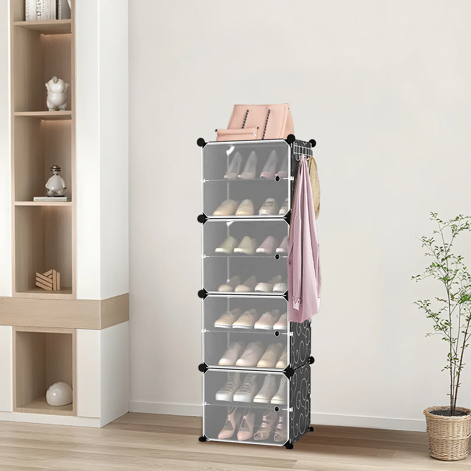 Schuhregal mit 8 Fächern, für 18 Paar Schuhe – tragbares Schuhregal, platzsparendes Schuhregal für Kleiderschrank, Eingangsbereich, Schlafzimmer (Schwarz)