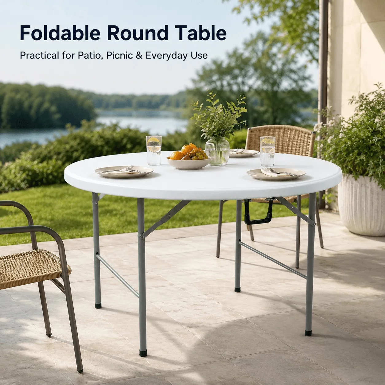 120cm / 47 Zoll Weißer Runder Klapptisch, Tragbarer Kunststoff-Bankett-Esstisch, 74cm Höhe Platzsparender Runder Veranstaltungstisch für Hochzeit, Party, Catering, Zuhause, Küche, Terrasse, Innen- und Außenbereich