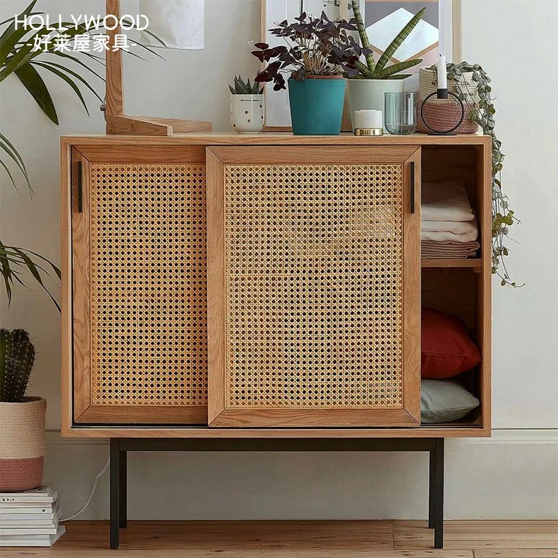 PYH Retro-Sideboard aus massivem Holz und Rattan im schlichten, luxuriösen Stil, wandmontierter Schuhschrank für das Wohnzimmer.