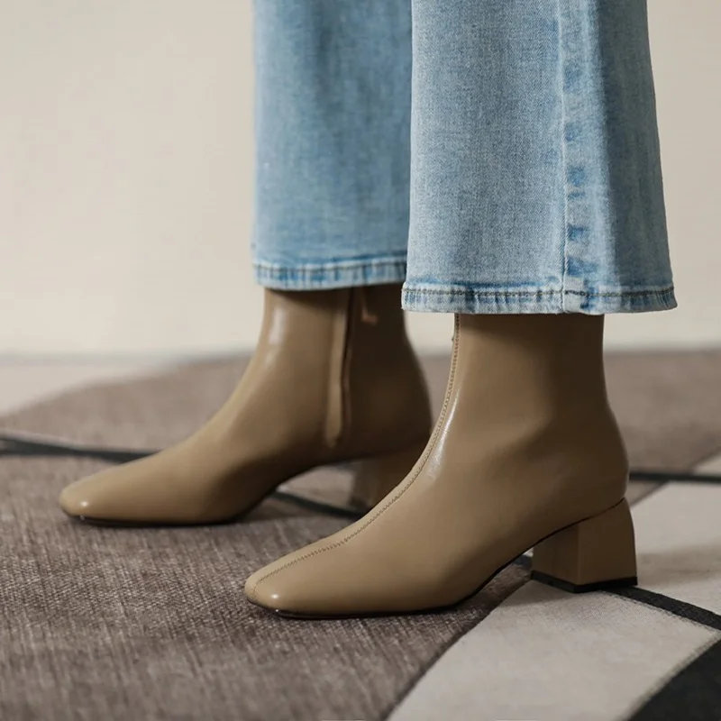 Reißverschluss-Stiefeletten Damenschuhe mit Dickem Absatz aus Rindsleder Winterstiefel im Koreanischen Stil Damenschuhe mit Eckiger Spitze Vielseitige Retro-Damenschuhe