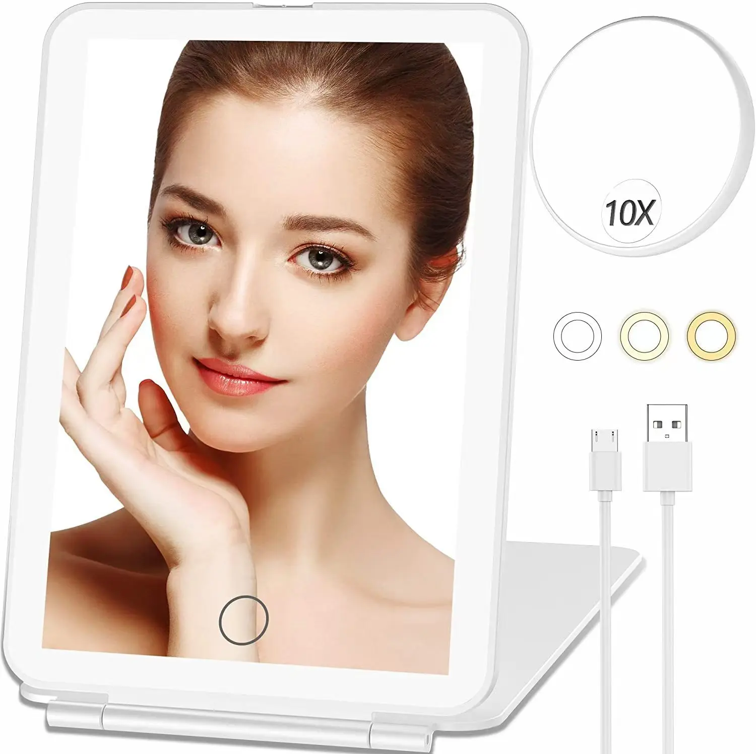 Make-up-Spiegel mit 10 x 3-Farben-Lichtern, Vergrößerung, 72 LED-Leuchten, Kosmetikspiegel, Reisespiegel, kompakter, faltbarer Kosmetikspiegel