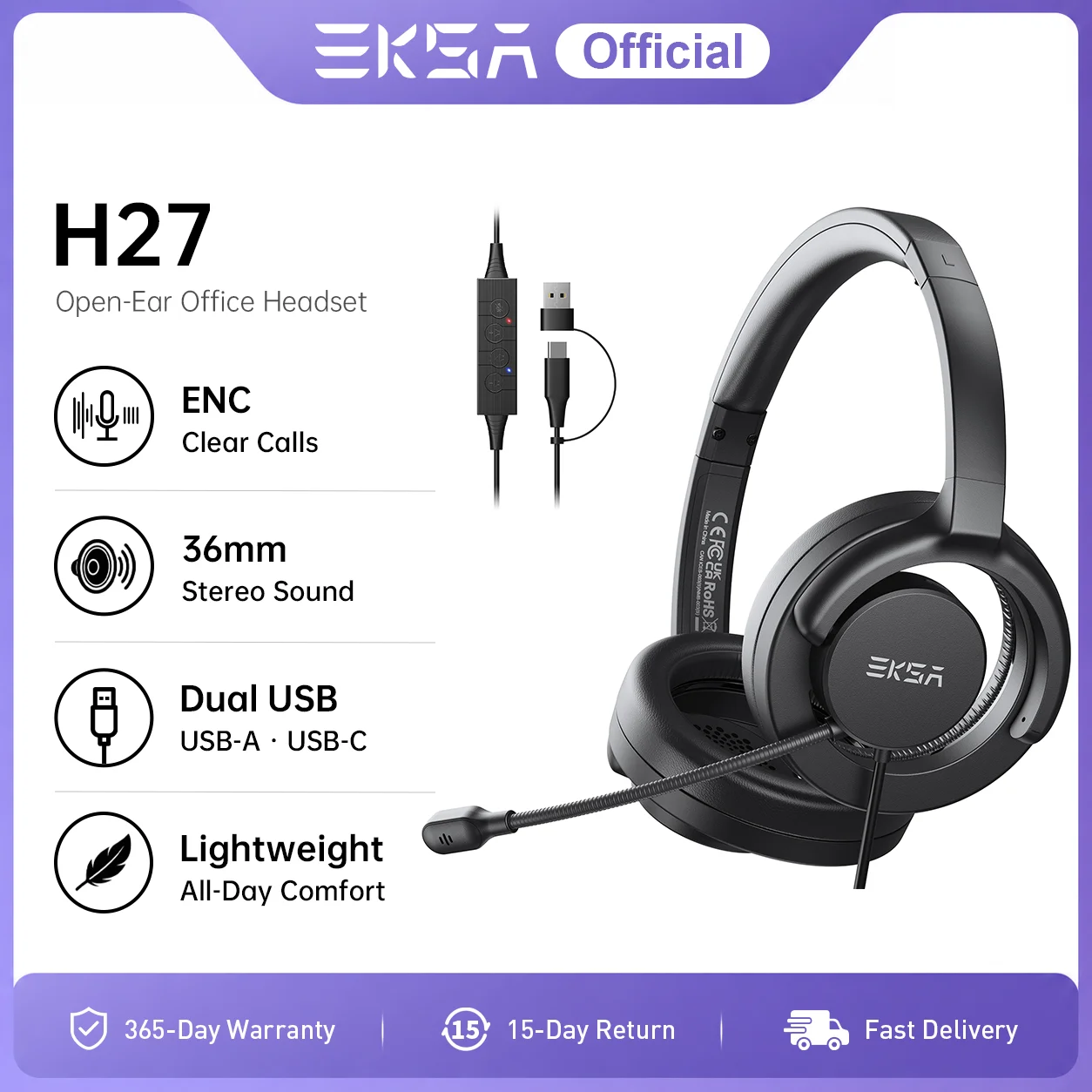 EKSA H27 Open Ear Office Headset USB-A/Typ C Kabelgebundene Kopfhörer mit ENC Call Noise Cancelling Mikrofon für PC/Telefon