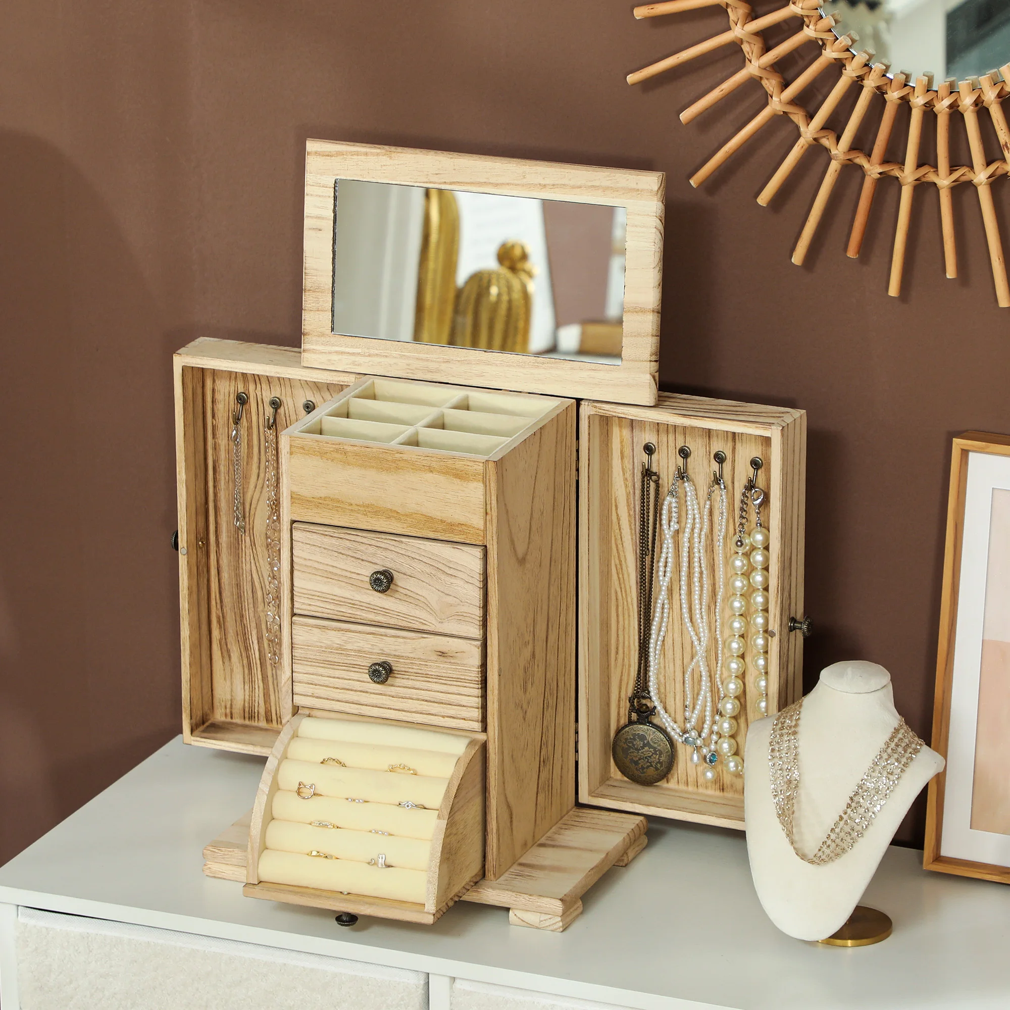 Schminktisch mit Schmuckschrank, 4-stufiger Holz-Schmuck-Organizer mit Spiegel, Seitentüren, Schubladen und Armbandhalter, Schlafzimmer-Kosmetik-Vitrine, Haushalts-Make-up-Organizer-Möbel