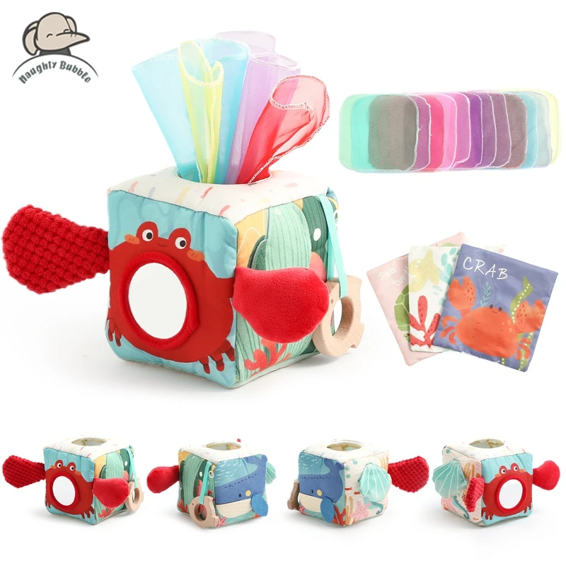 Baby Montessori Spielzeug Baumwolle Magische Taschentuchbox Fingerübung Busy Board Spiel Cartoon Krabbe Weiche Rassel Spielzeug Baby Stoffbuch Geschenk