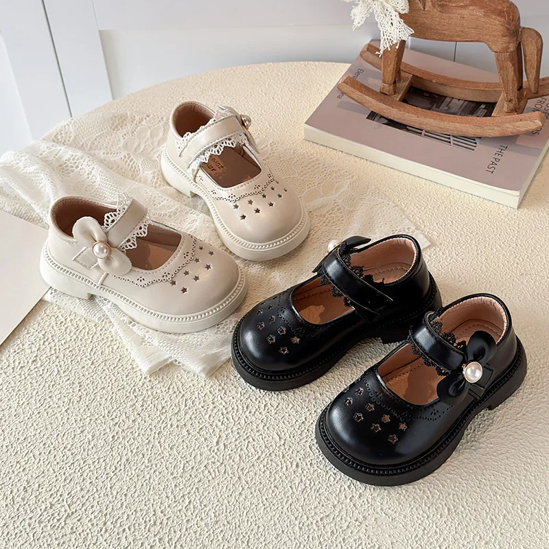 Schicke Lederschuhe für Mädchen, Prinzessinnen-Stil, süße schwarze Mary Janes mit Perlenanhänger für Hochzeiten, Partys, Schulanfang, flache Schuhe, Größe 21-30