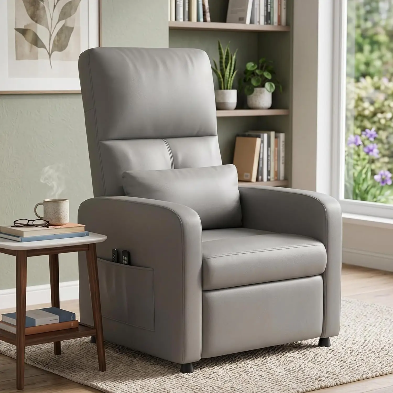 Relaxsessel mit Aufstehhilfe für Senioren, Elektrischer Relaxsessel mit Massage & Wärmefunktion, Verlängerter Fußhocker, Typ-C+USB-Anschlüsse, 2 Getränkehalter, Doppelte Seitentaschen, Liegestuhl Lounge-Sofa