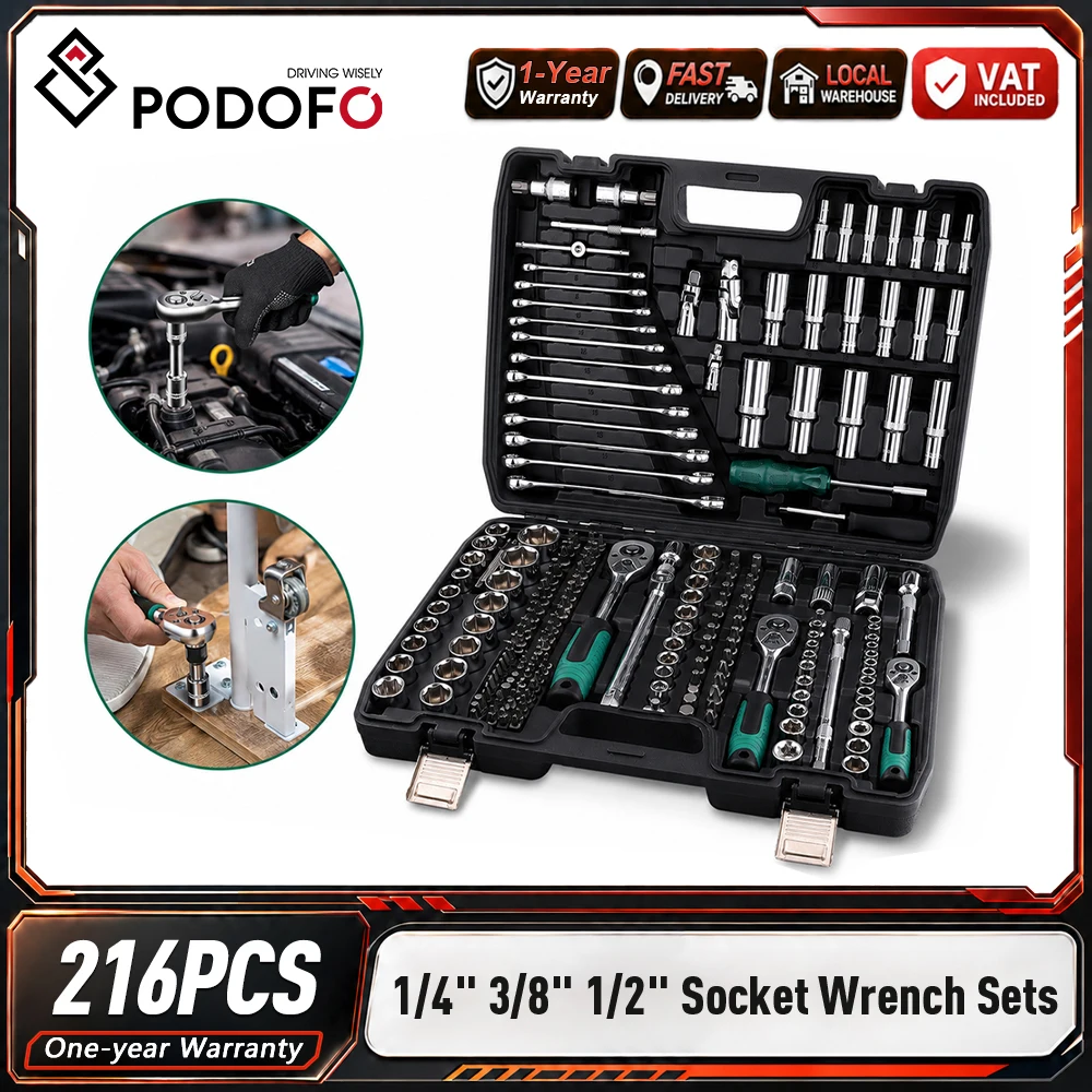 Podofo 216-teiliges Multifunktionales Auto-Reparatur-Werkzeugset, Steckschlüssel-Ratschen-Set, Kombinations-Handwerkzeug-Kit, Auto-Motorrad-Garage-Haushalt-Wartung, Professionelle Werkstatt-DIY-Schrauben-Muttern-Demontage Aufbewahrungskoffer