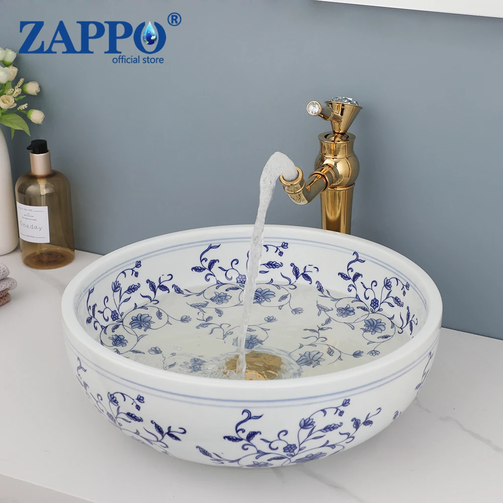 Zappo Waschbecken Waschbecken Wasserhahn Combo Keramik rundes Waschbecken Bad Waschbecken hand bemalte Gefäß Waschbecken Waschbecken