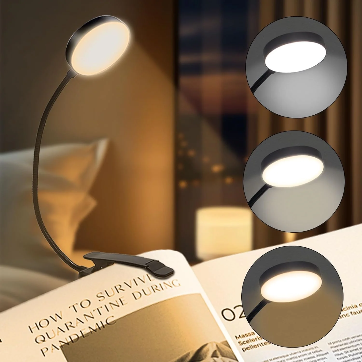 KEBINCPLED Runde Buchlampe LED-Klemmleuchte USB Wiederaufladbar 600mAh Schwarz Innen-Studierlampe Nachttischlampe