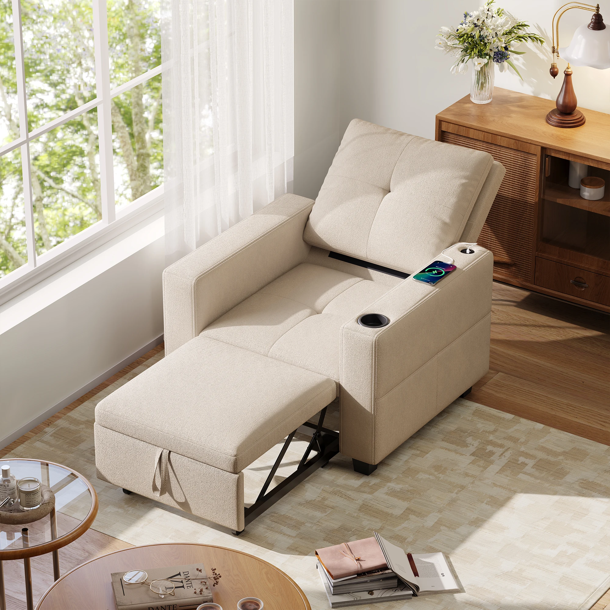 Anajqaqia, Klappbares Schlafsofa, multifunktionales Einzel-Liegesofa, Einzelbett mit klappbarem Tablett und seitlichen Aufbewahrungstaschen, Gästezimmer-Sofa, umwandelbares Sofa, Loungesessel, Nickerchensessel, Samt, cremefarben