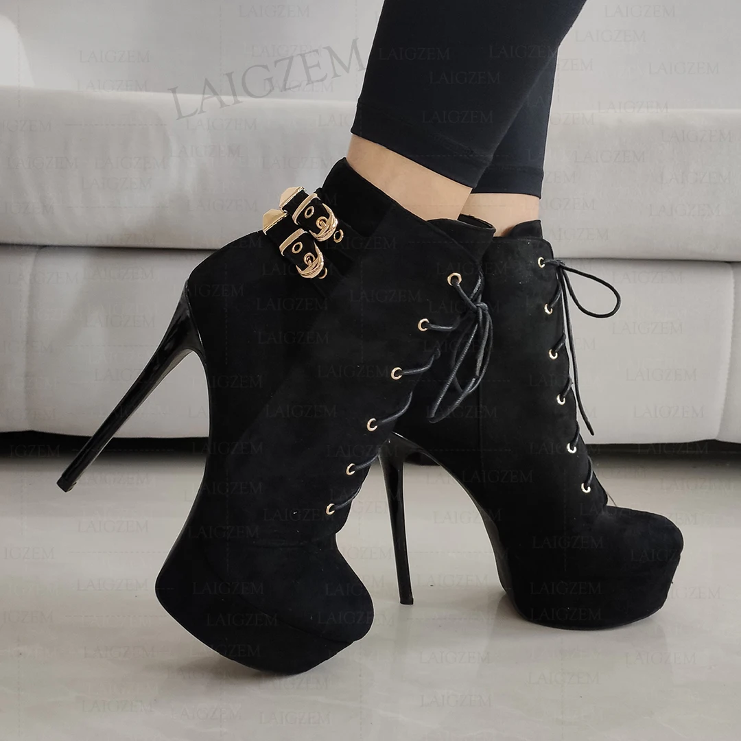 LAIGZEM Damen Stiefeletten Plattform Faux Wildleder Schnürung Dünne High Heels Booties Stiefel Damen Schuhe Frau Große Größe 41 42 44 47 52