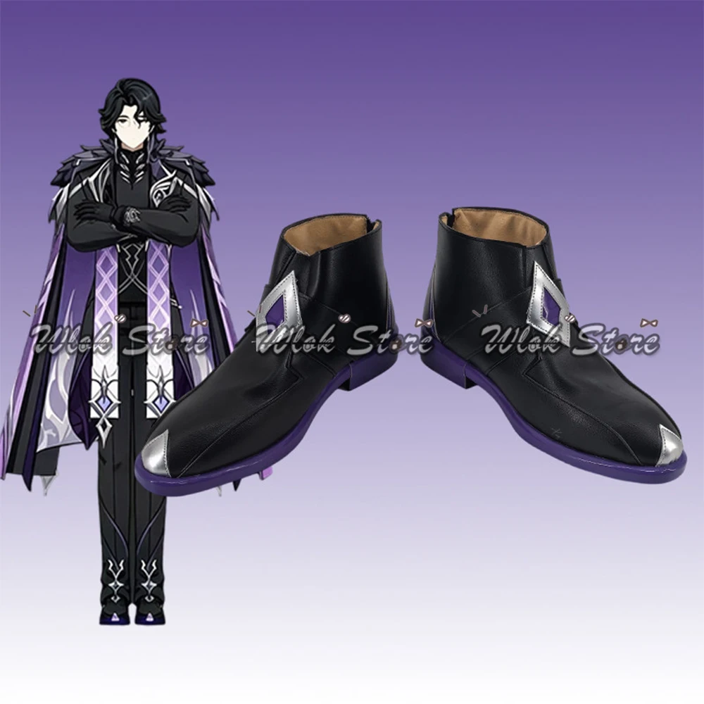 Genshin Impact Regrator Pantalone Cosplay Schuhe NEU Skin Schwarz Lila Stiefel für Männer Frauen Halloween Party Karneval Maßgeschneidert