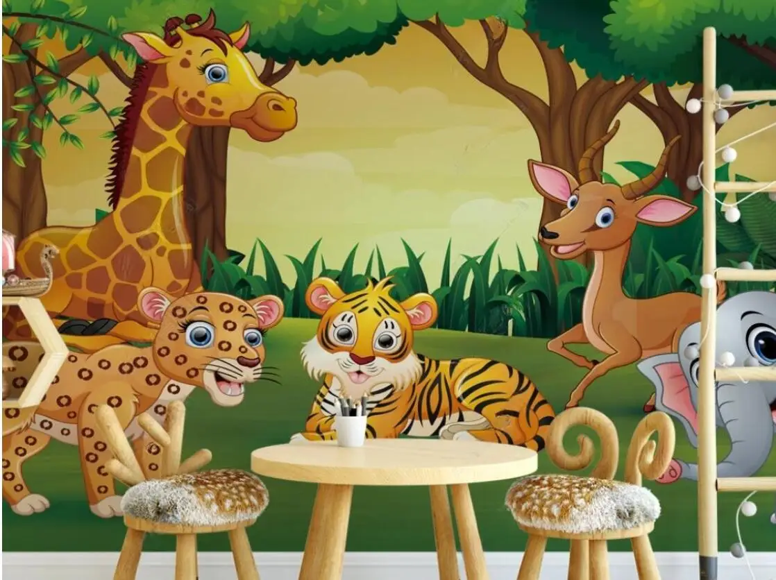 Tapete in Sondergröße, Cartoon-Waldtiere, Löwe, Elefant, Giraffe, Nilpferd, Affe, Kinderzimmer, Heimdekoration, 3D-Wandbild