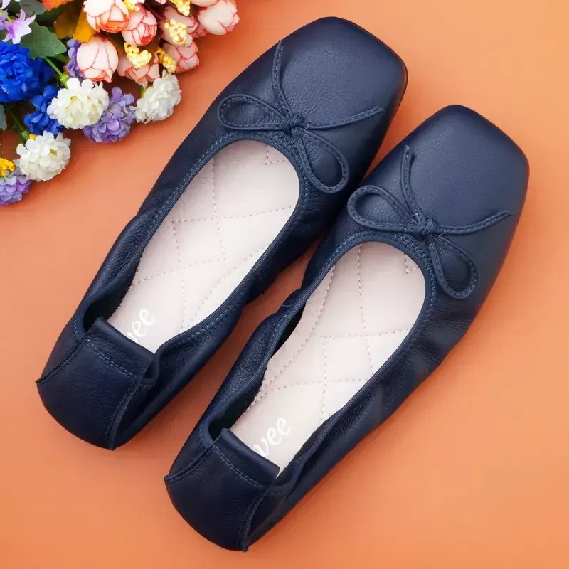 Frauen Wohnungen Karree Frau Faulenzer Aus Echtem Leder Weibliche Schuhe Slip auf Ballett Bowtie Mokassins Frauen Schuhe Große Größe 34-43