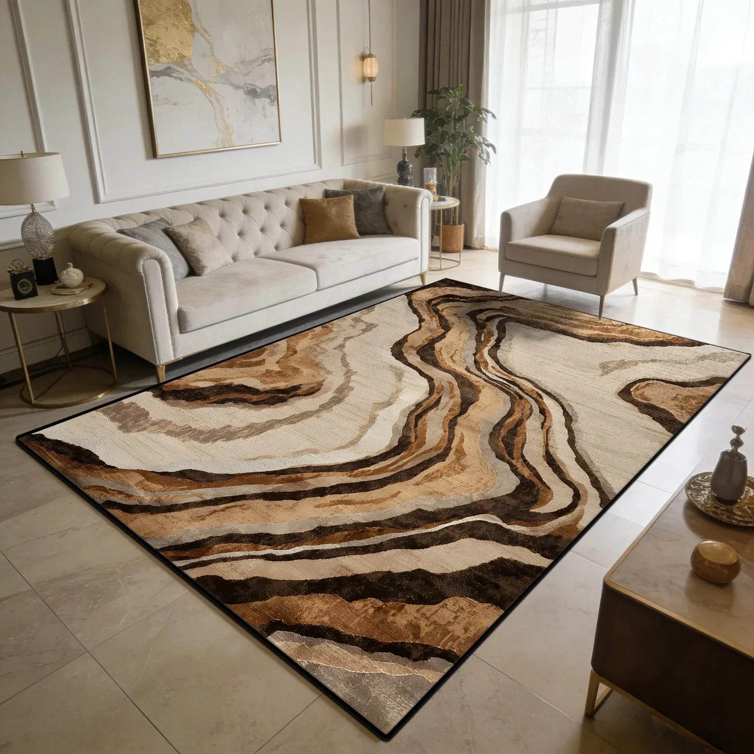 Soft Large Floor Carpet Modern Brown Beige Agate Marble Swirl Fluid Print Area Rug for Living Room Bedroom Office Home Decor
