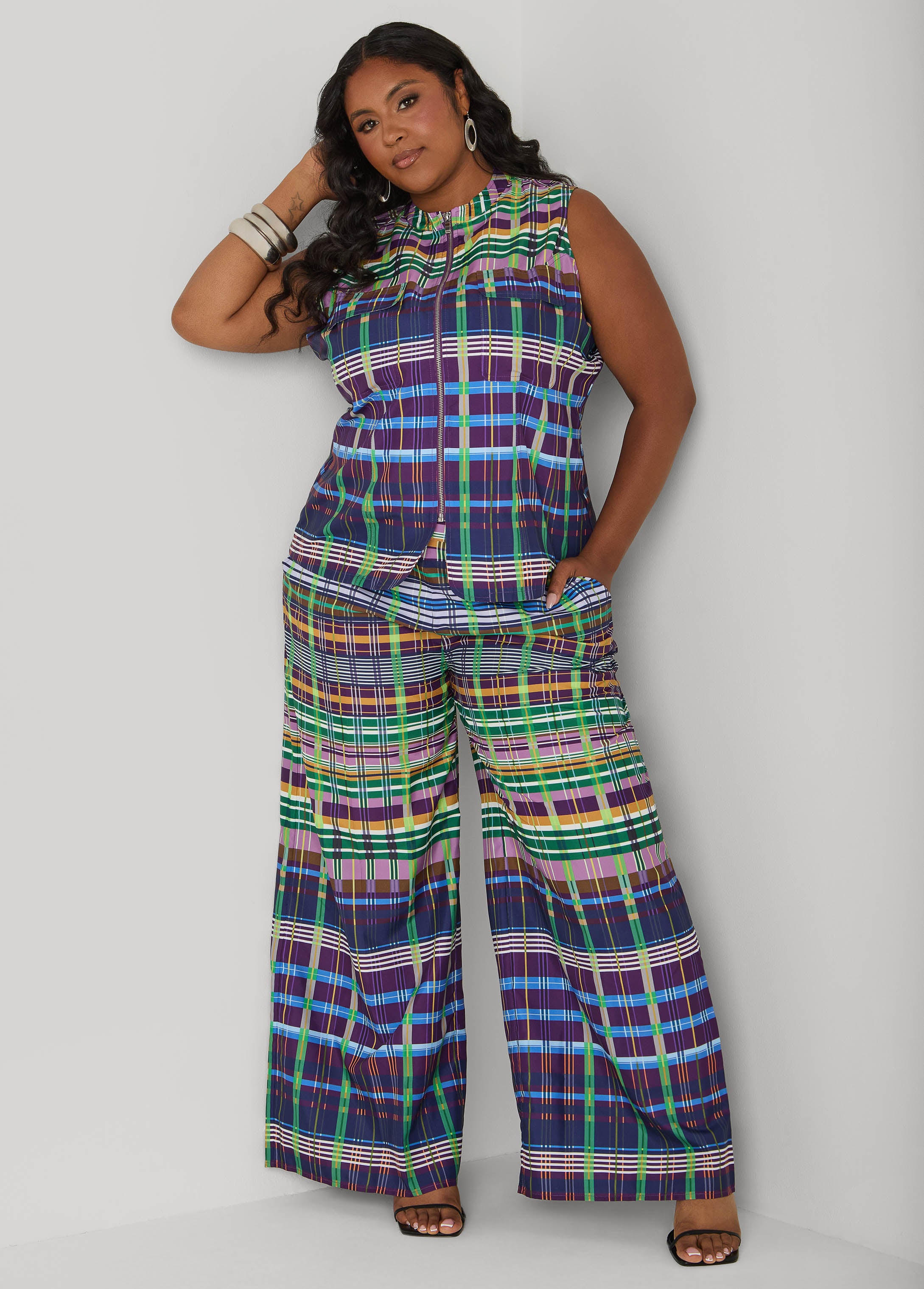 Plus Size Plaid Zip Front Vest