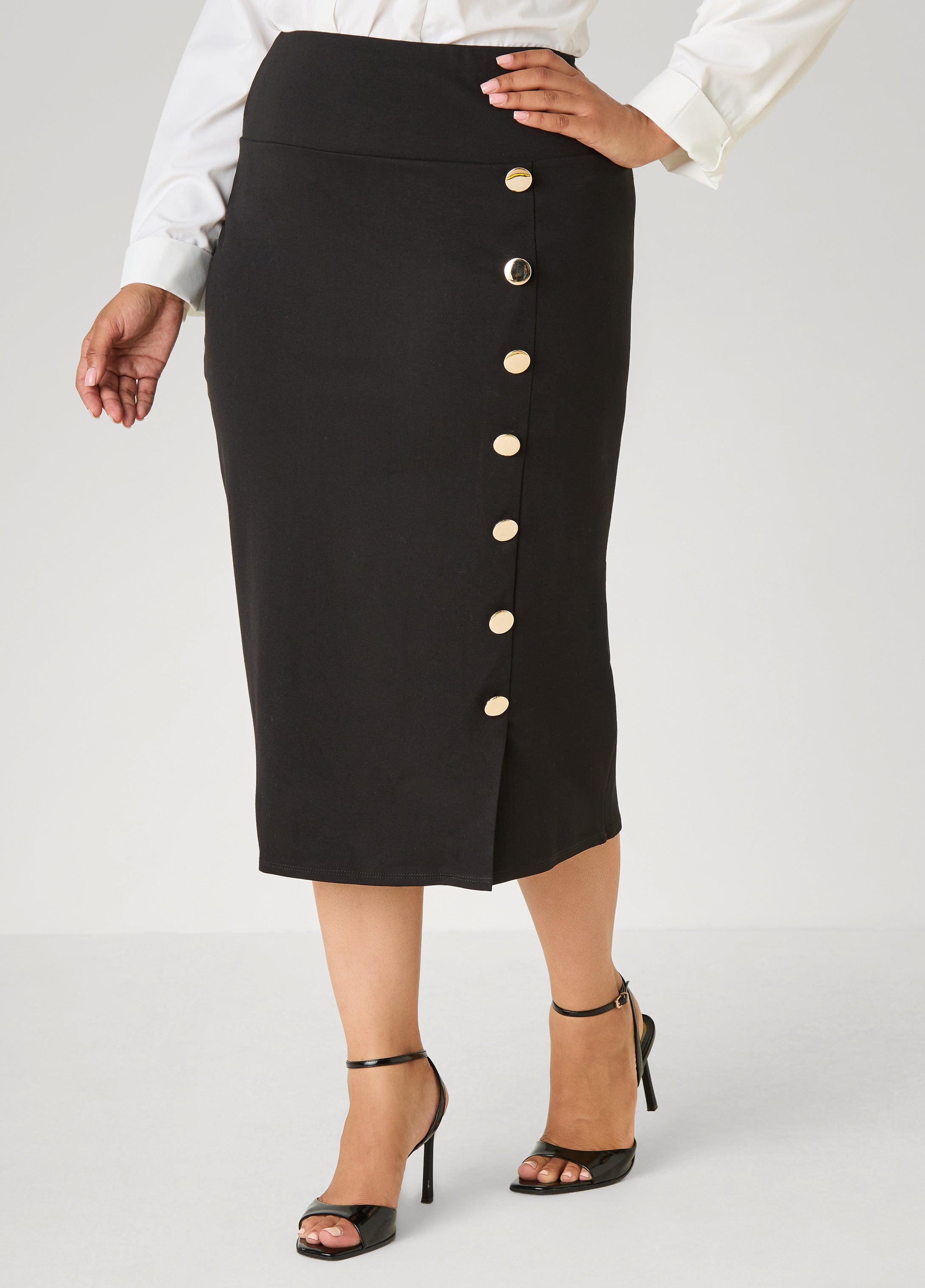 Plus Size Button Detailed Midi Pencil Skirt