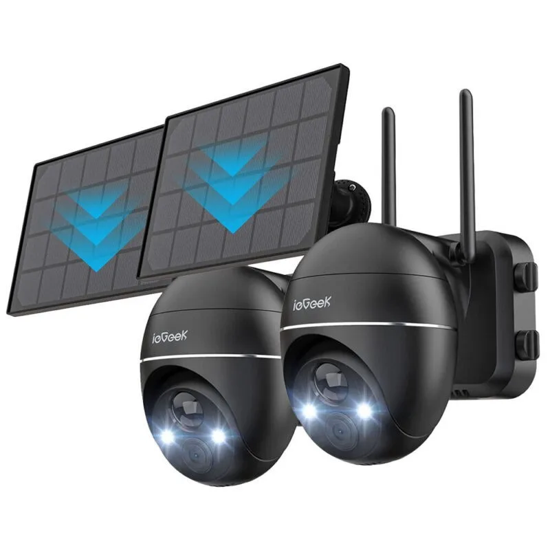 2 Stück IeGeek 5MP Outdoor-Überwachungskamera mit Batterie, PTZ-Überwachungskamera für den Außenbereich mit WLAN und Solarpanel, PIR-Bewegungsmelder, 2,4G