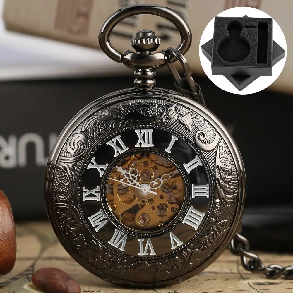 Retro automatische mechanische Taschenuhr klassische stilvolle römische Ziffern Display schwarz Fob Kette Anhänger Uhr antike Zeitmesser
