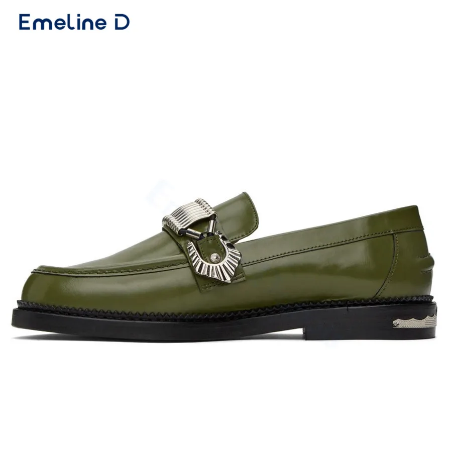 Loafer mit Metallnieten-Schnalle, grüne runde Zehen, Slip-On-Business-Lederschuhe, Persönlichkeit, lässig, große Loafer, Herrenschuhe