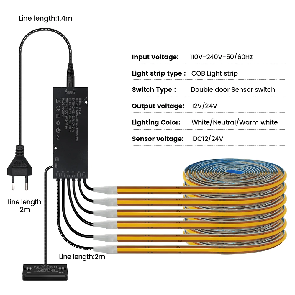 Frei zuschneidbare COB LED Schrankbeleuchtung mit Türsensor, 1-6 Lichter-Set, 400 LEDs/m, flexibler Streifen, 3000K 4000K 6000K, 12V 24V EU-Netzteil