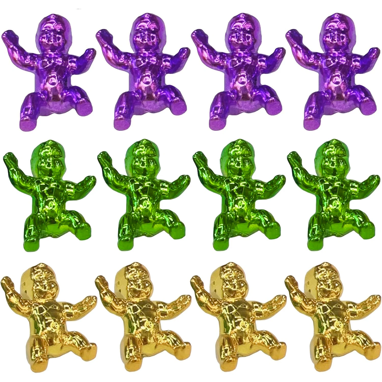 Mardi Gras King Cake Babies 1,18 Zoll Mini-Kunststoffbabys Metallic Gold Lila Grün Mardi Gras Baby für King Cake Winziges Babyspielzeug
