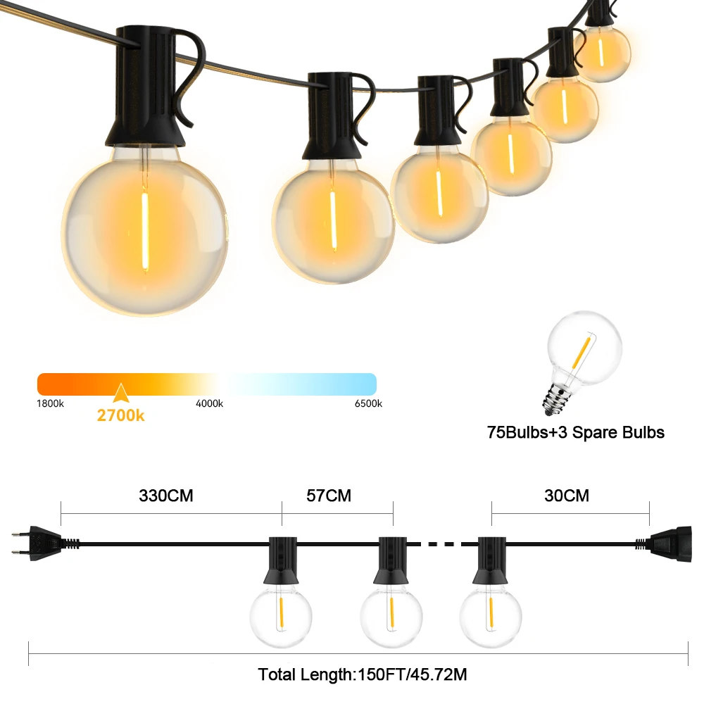 LED-Lichterkette G40, LED-Girlande, Lichterkette IP44, Terrassen-Lichterkette für den Außenbereich, Garten, Hochzeit, Party, Dekoration, 150 Fuß, 75 Glühbirnen