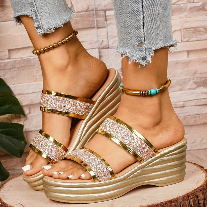 Glänzende Keilsandaletten für Damen, elegante Damenschuhe, sexy Plateau-Sandalen mit offenem Zehenbereich, modische, vielseitige High-Heel-Sandalen, Größen 35-43