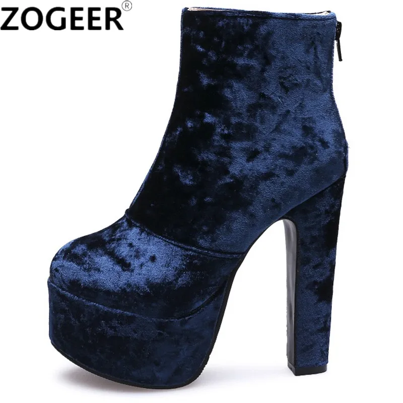 Plattform Frauen Stiefeletten Mode Samt High Heels Stiefel Weibliche Sexy Runde Kappe Nachtclub Party Damen Schuhe Große Größe 45