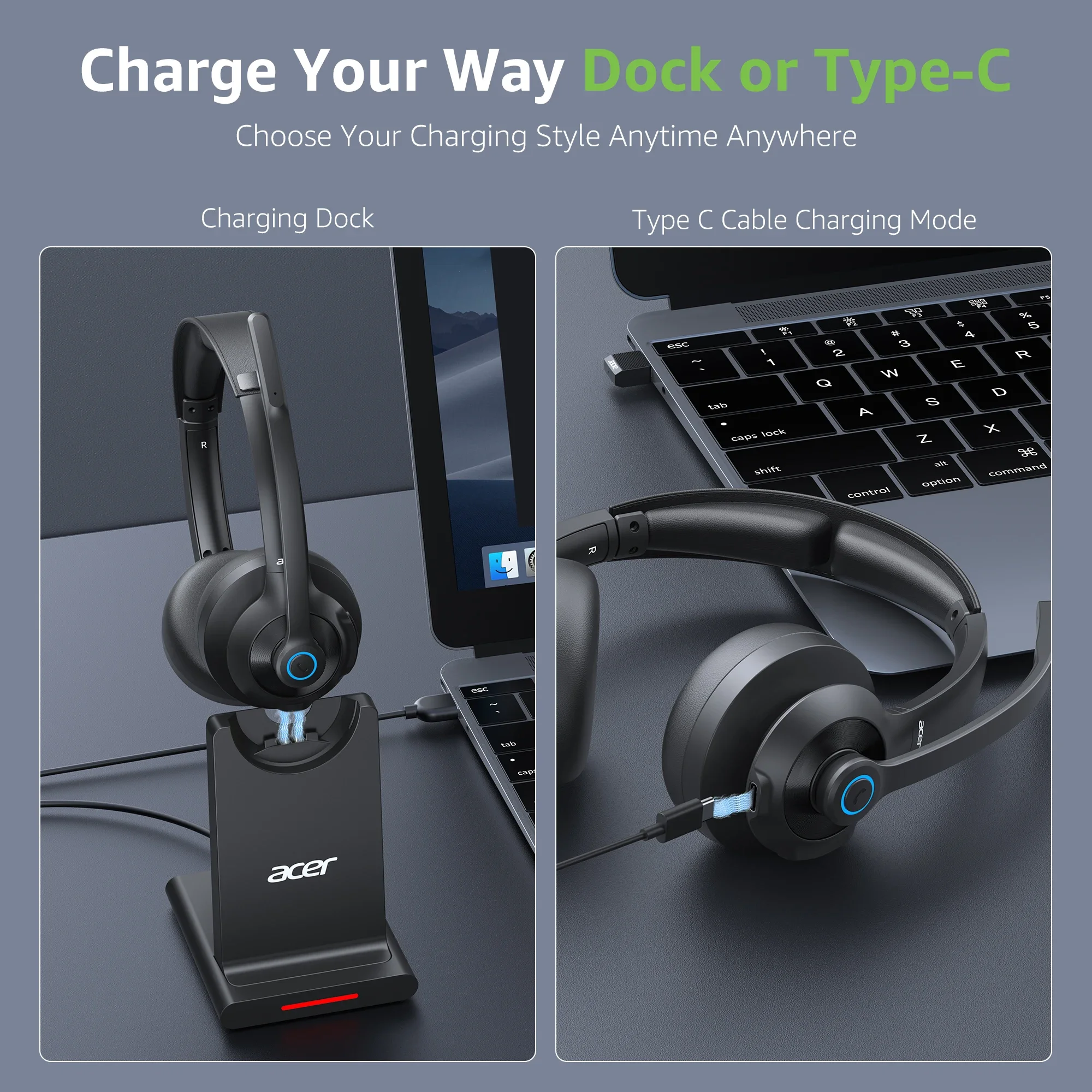 Acer Kabelloses Headset für die Arbeit 2,4G Bluetooth 5.3 Dual-Mode-Kopfhörer ENC Kristallklare Anrufe Mikrofon für Telefon/Tablet/Callcenter