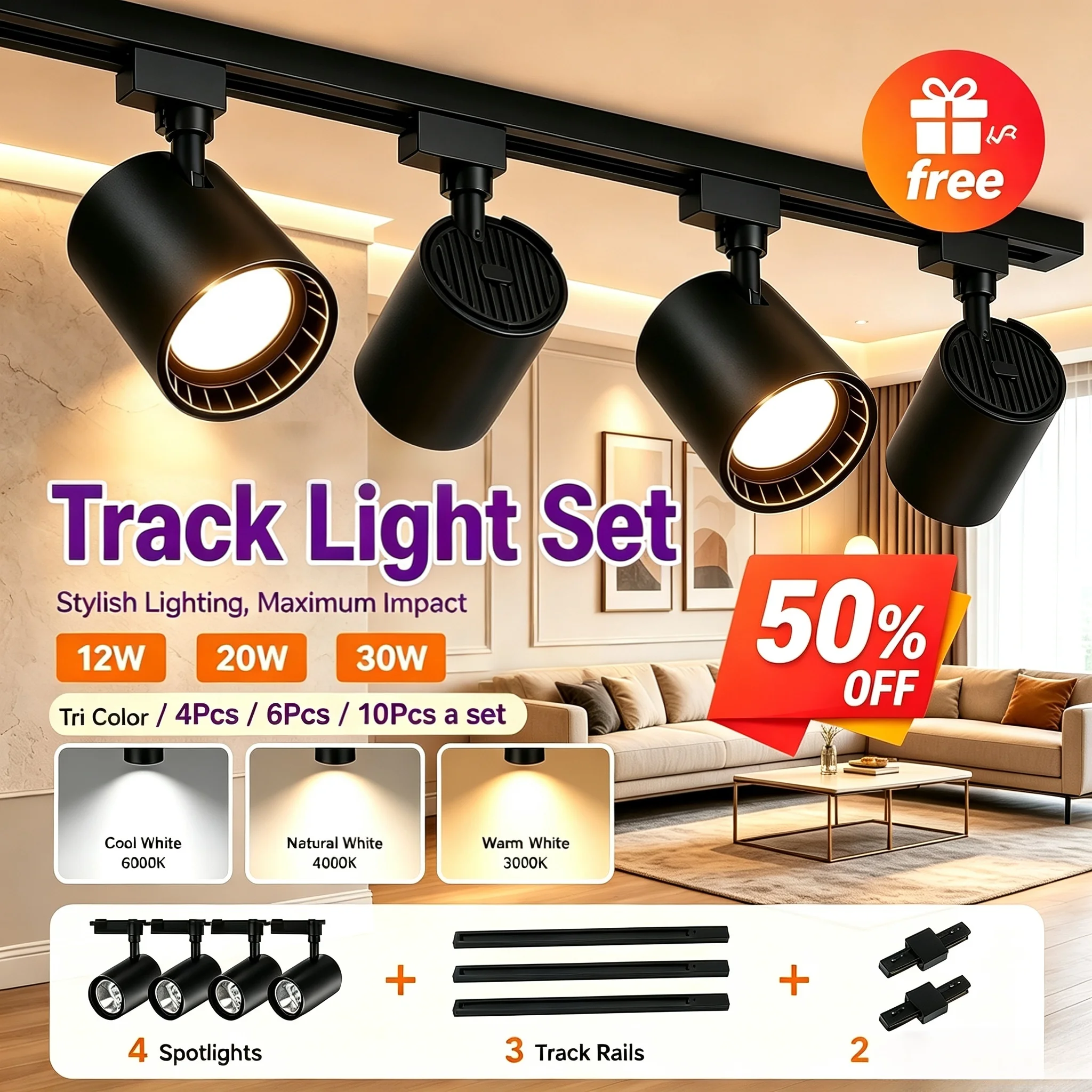 Dreifarbiges Schienenlicht-Set 3Stk 4Stk 6Stk 10Stk LED-Deckenleuchte Spotlicht Schienensystem 30W 20W 12W für Wohnzimmer 110V 220V