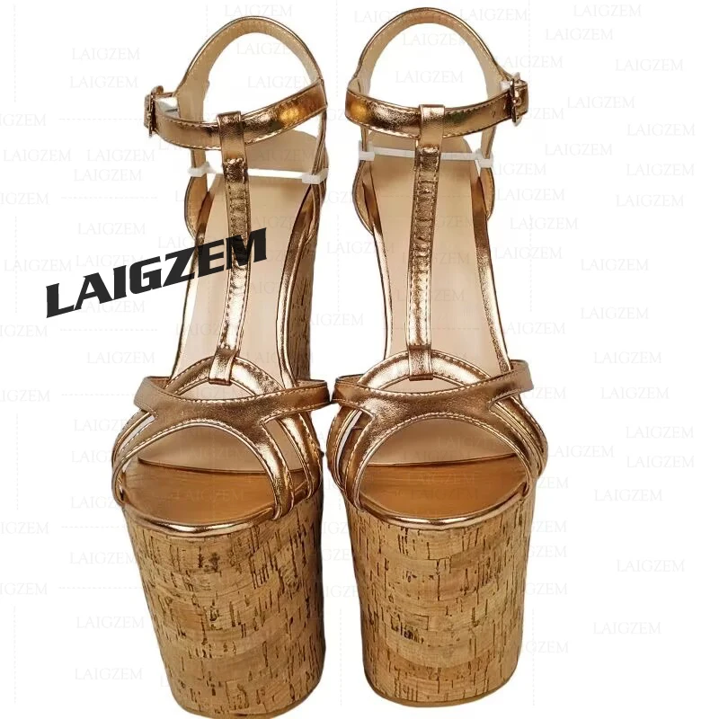 LAIGZEM Frauen Plattform Keile Sandalen 20 CM High Heels Pumps T Straps Party Zeigen Handgemachte Damen Schuhe Frau Große Größe 41 42 46 47