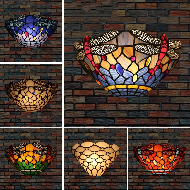 Europäischen Stil Tiffany Libelle Wand Lampe Buntglas Lampenschirm Nostalgische Hotel Villa Restaurant Korridor Wand licht Beleuchtung