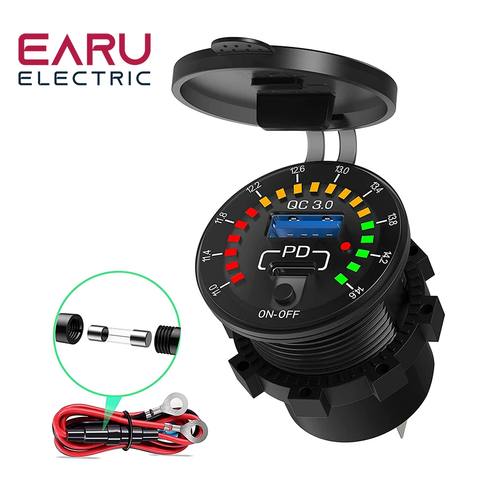 36W Dual-USB-QC-3.0-Autoladegerät mit LED-Voltmeter, EIN/AUS-Schalter, 12/24V, wasserdichter USB-PD-Anschluss, schnelles Laden für Auto und Motorrad
